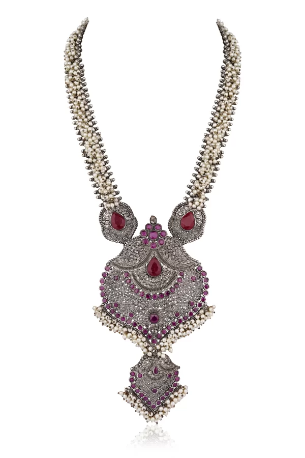 Antique silver necklace with red stone and pearls