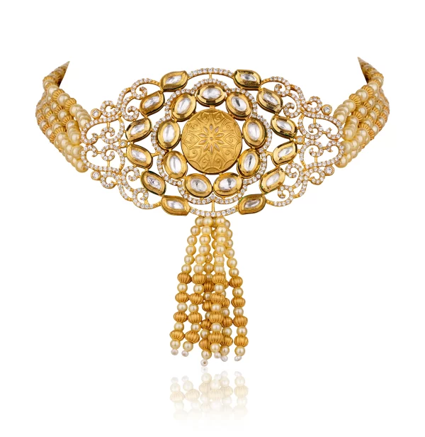 POLKI BROOCH MALA WITH CENTRE STONE AND PEARLS