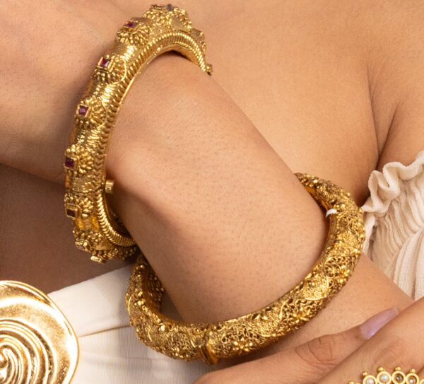 Antique gold bangles in temple finish