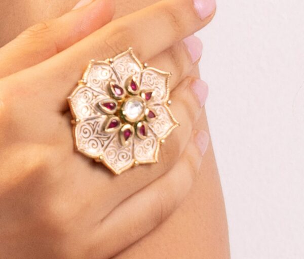 red green enamel polki ring